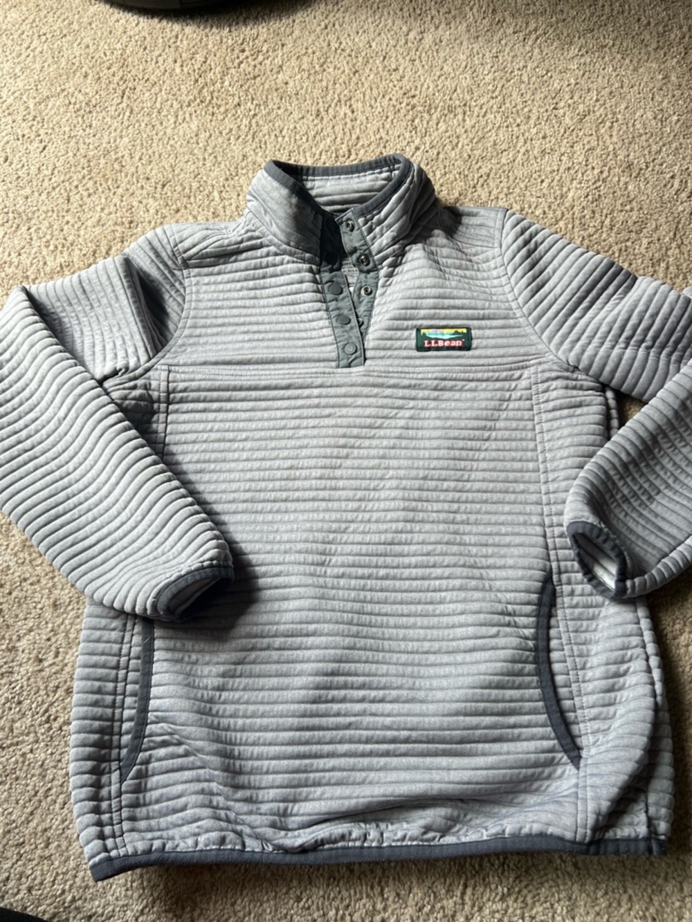 L.L. Bean Light Gray Quilted Snap-Front Pullover